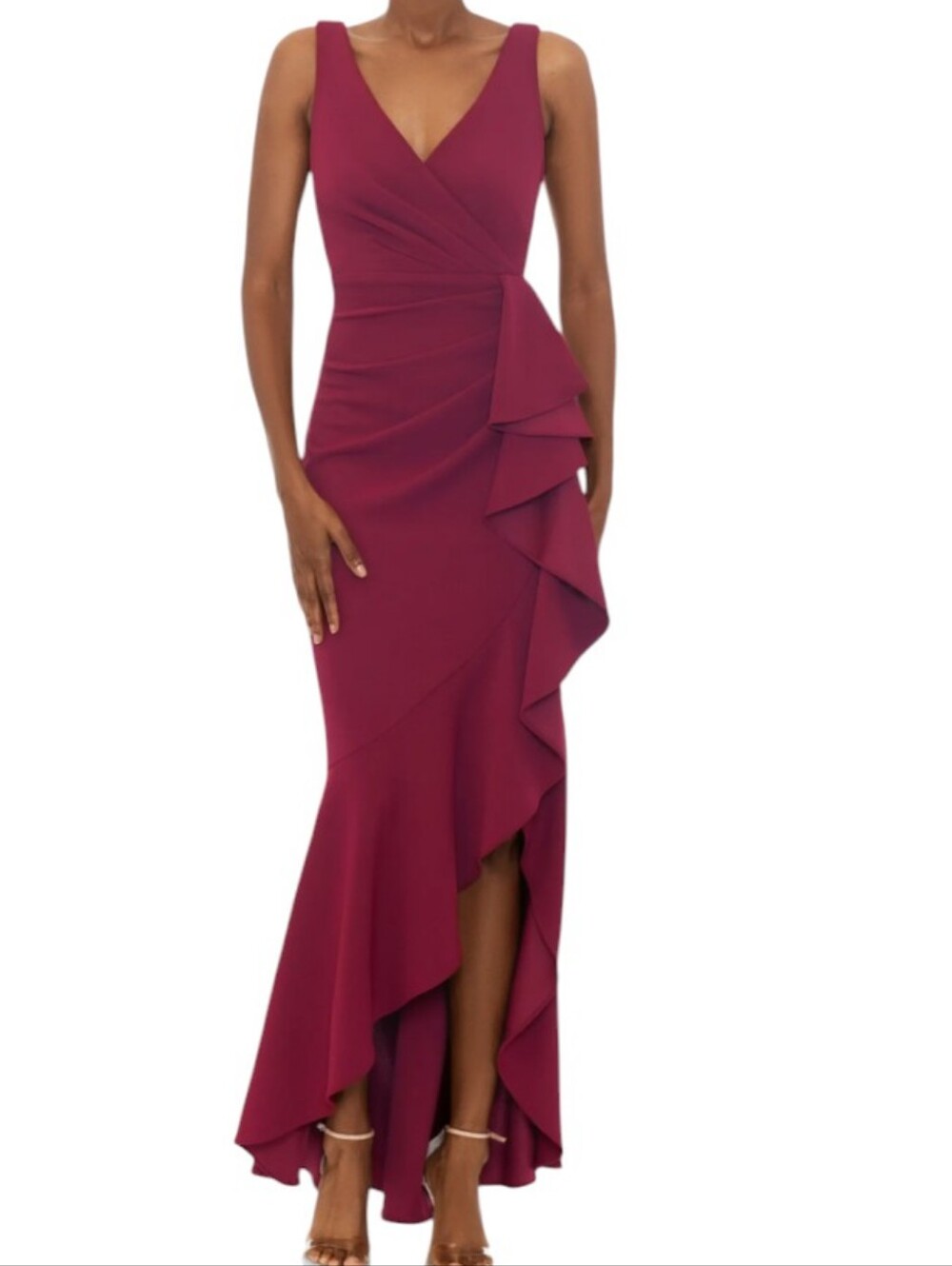 Betsy & Adam V-Neck Cascade Ruffle High-Low Gown In Burgundy... Size 12P
